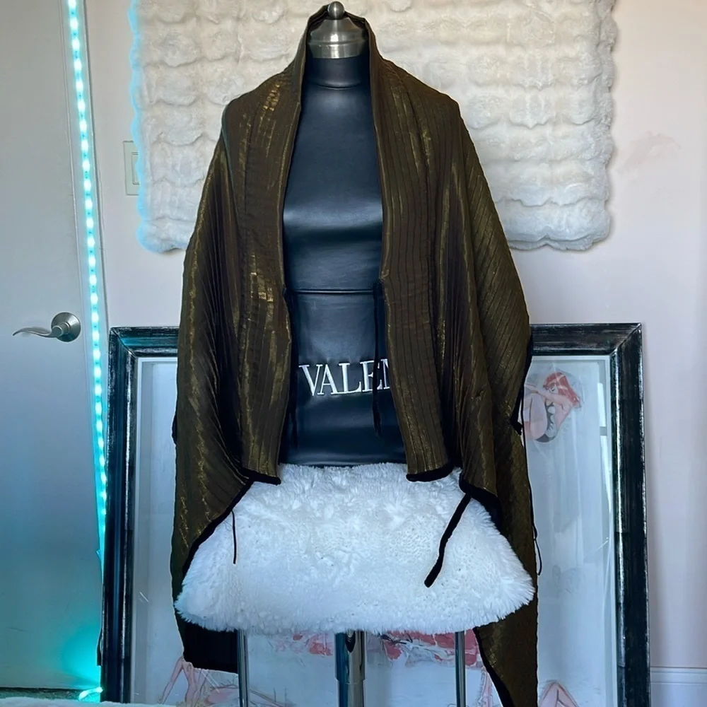 HANDCRAFTED 100% silk pleated shawl jacket by me NWT of my own tags olive green - Picture 4 of 10